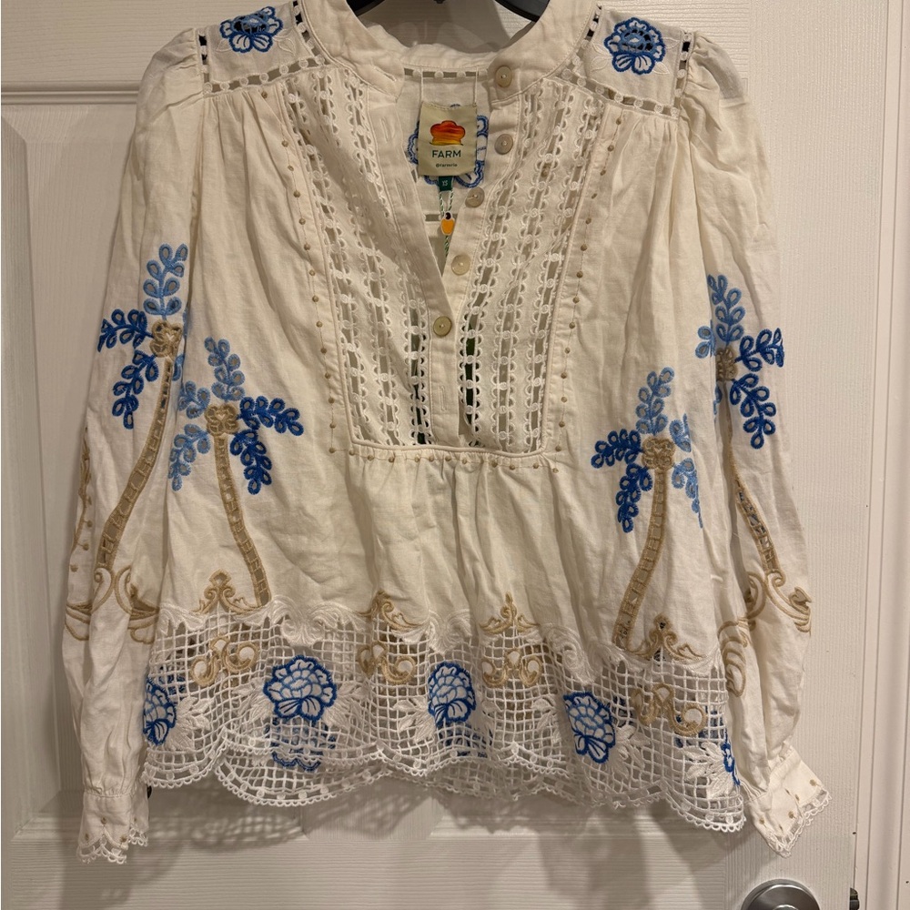 FARM Rio White Blouse with Blue and Tan Embroidery